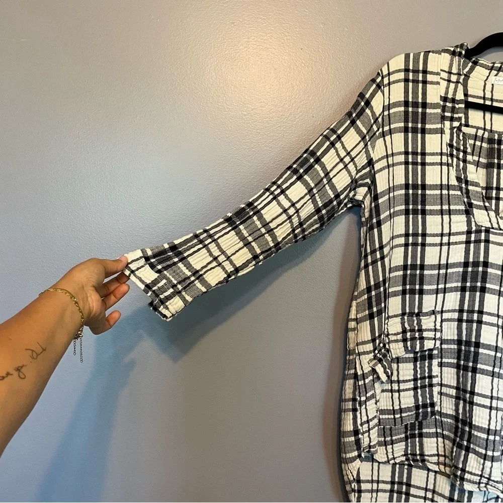 Free People x CP Shades Checkmate Plaid Shirt Dress Black Ivory Long Sleeve XS